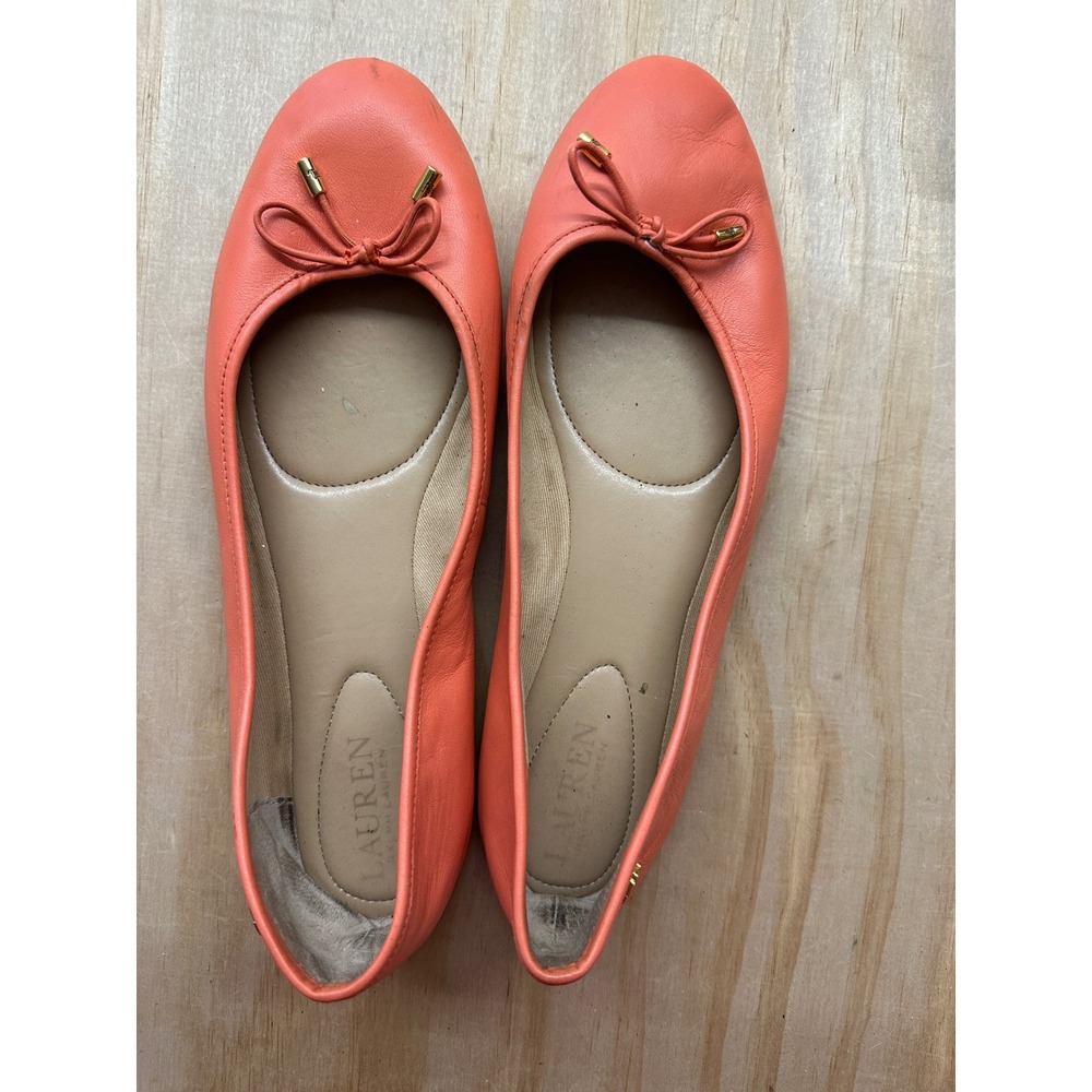 Lauren Ralph Lauren Jayna Coral Orange Leather Ballet‎ Flats Womens 9.5 Bow Logo